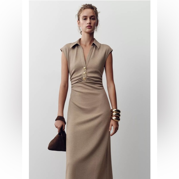 Zara Elegant Tan Midi Dress - Picture 3 of 11